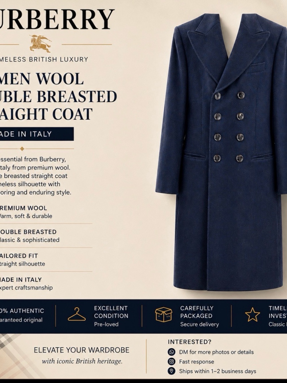 BURBERRY WOMEN WOOL DOUBLE BREASTED STRAIGHT COAT made in Italy SZ 16USA /50